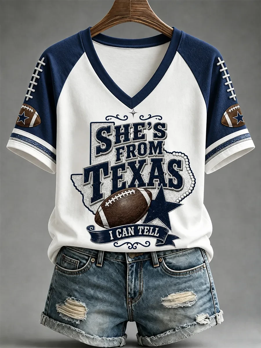 Dallas Cowboys Merch She's From Texas V-Neck Shirt Dallas Football Gear Game Day Gifts For Fan