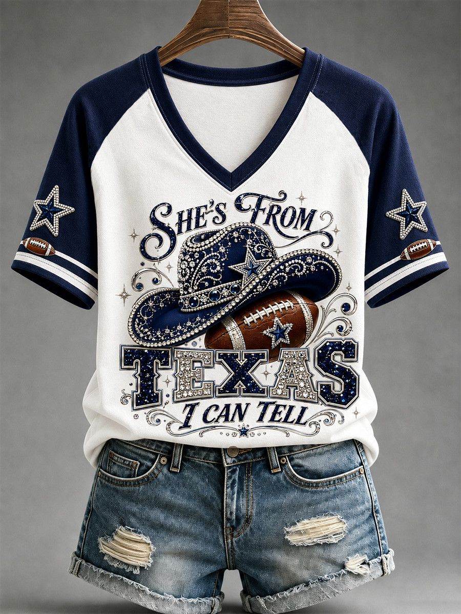 Dallas Cowboys Merch She's From Texas V-Neck Shirt Game Day Gear Gifts For Dallas Football Fan
