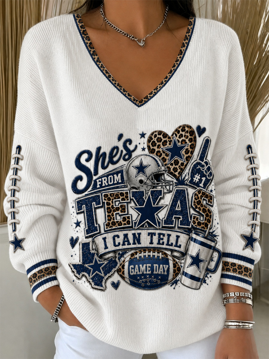 Dallas Cowboys She's From Texas I Can Tell V-Neck Long Sleeve Shirt Dallas Cowboys Merch Women