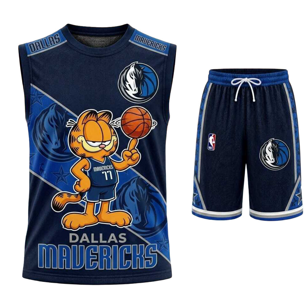 Dallas Mavericks Garfield Basketball Muscle Tank And Shorts Mavericks Merch Basketball Fan Gifts