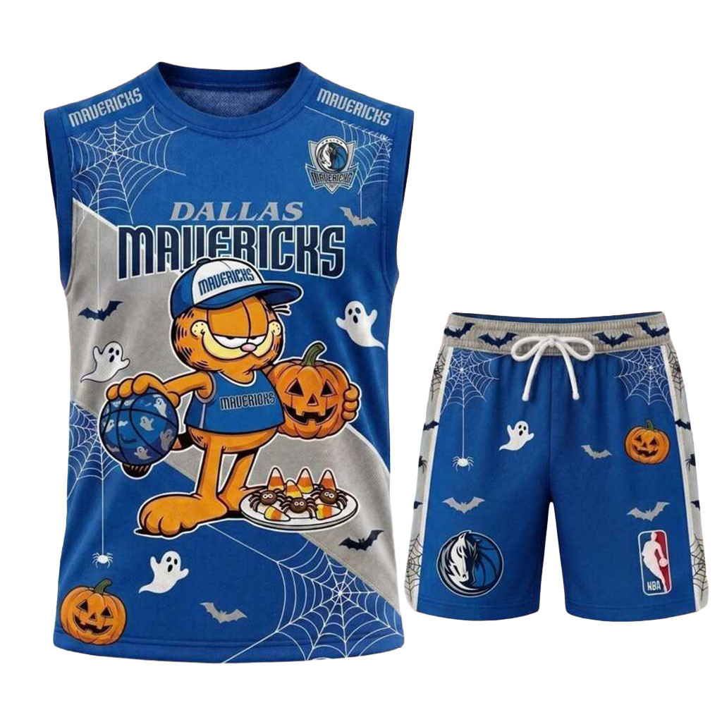 Dallas Mavericks Garfield Halloween Basketball Muscle Tank And Shorts Mavericks Merch Fan Gifts