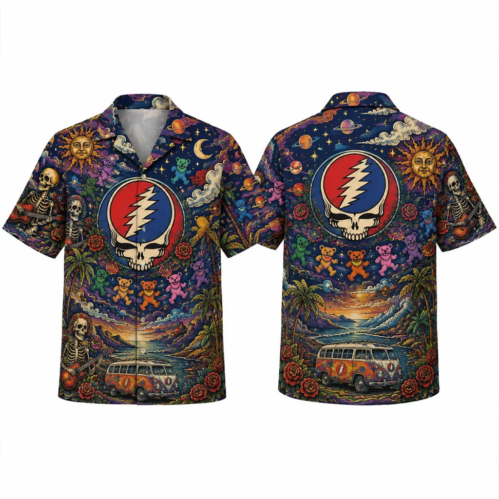 Dancing Bears Hippie Bus Grateful Dead Steal Your Face Hawaiian Shirt Grateful Dead Merch Dancing Bears Hippie Bus Grateful Dead Steal Your Face Hawaiian Shirt Grateful Dead Merch