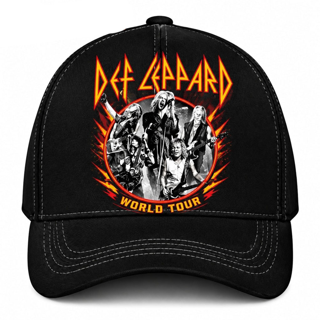 Def Leppard World Tour Band Photo Flame Graphic Classic Baseball Hat Def Leppard Merch Fan Gift