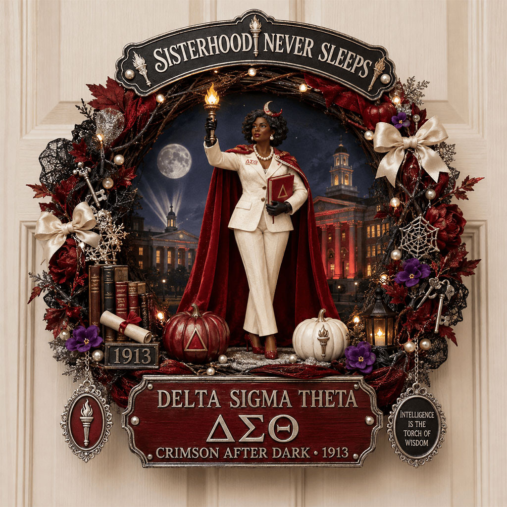 Delta Sigma Theta Halloween Door Sign Sisterhood Never Sleeps Wreath DST Merch Home Decor