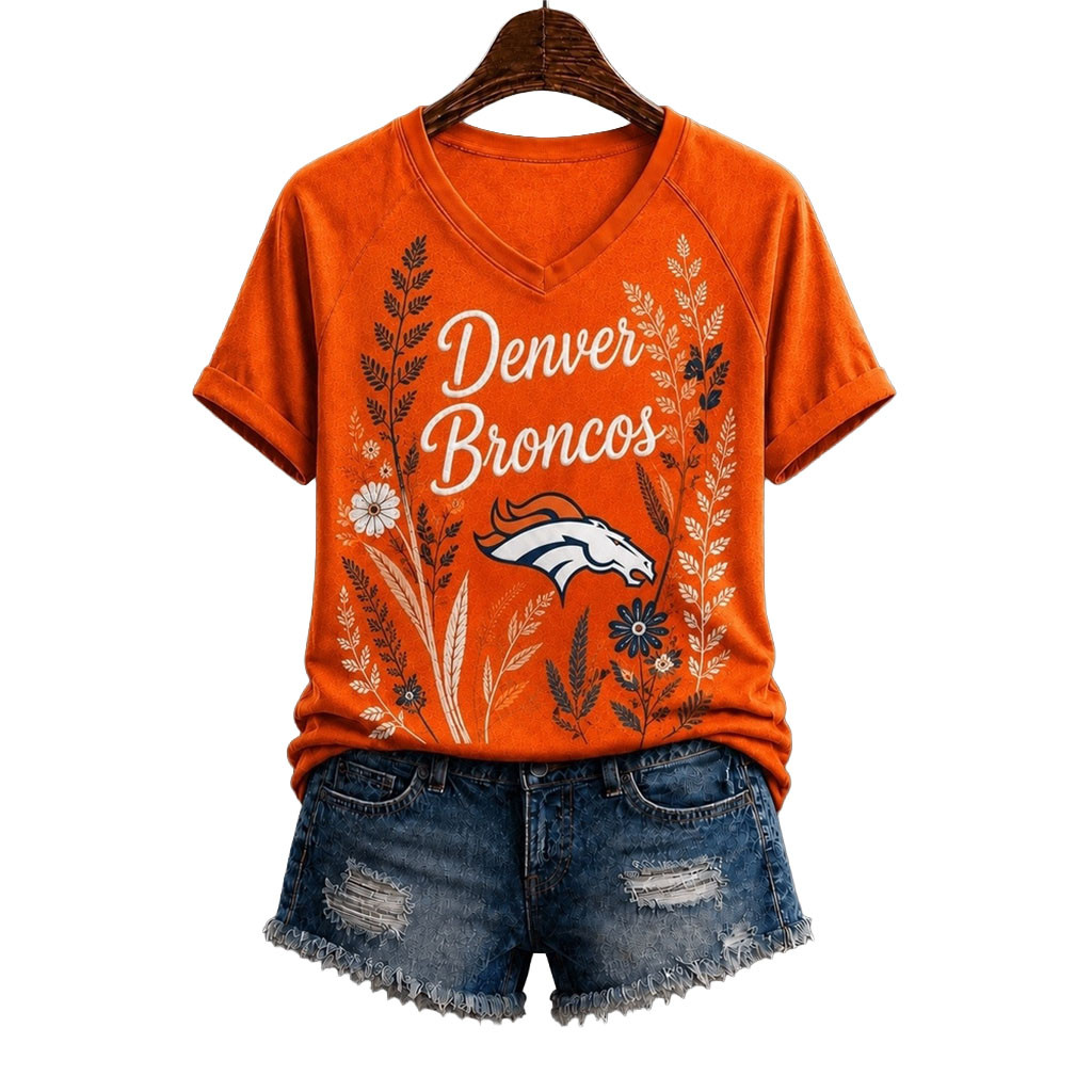 Denver Broncos Floral Garden V-Neck T-Shirt Broncos Merch Football Fan Gift Ideas