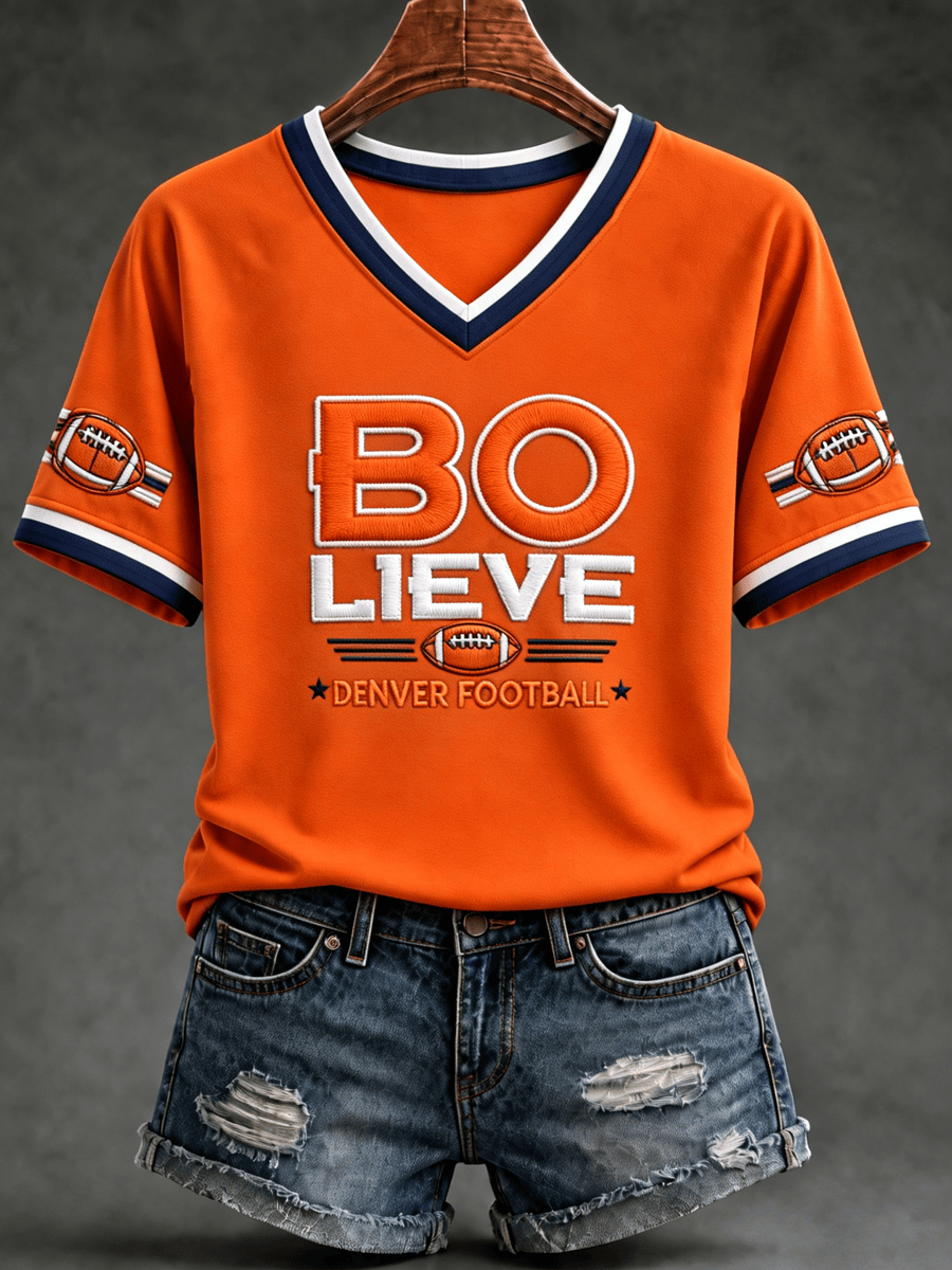 Denver Broncos Merch Bo Lieve Denver Football V-Neck T-Shirt Game Day Outfit Football Fan Apparel