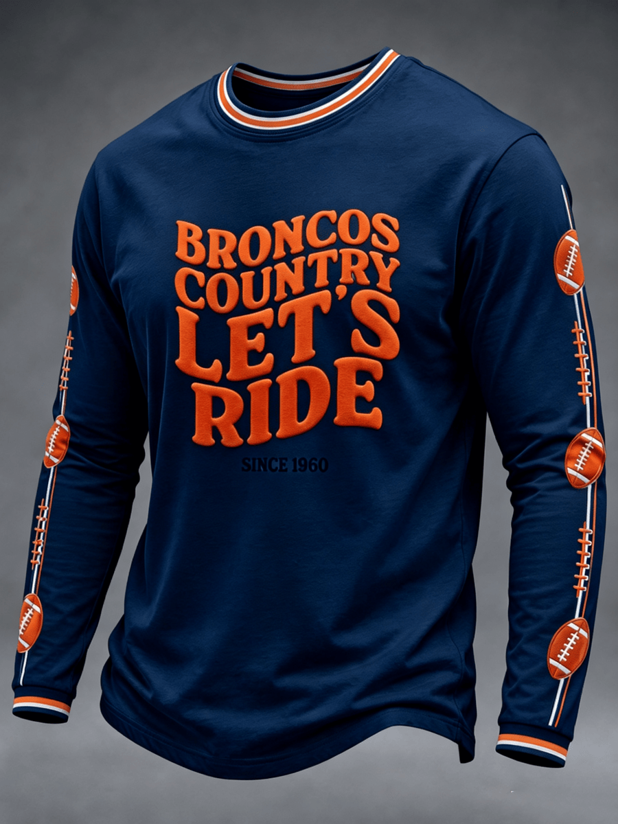 Denver Broncos Merch Broncos Country Let's Ride Long Sleeve T-Shirt Denver Football Shirt Navy