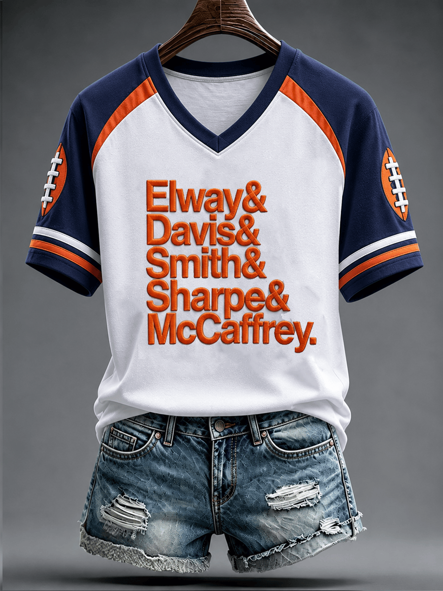 Denver Broncos Merch Denver Football Game Day V-Neck T-Shirt Elway And Davis And Smith