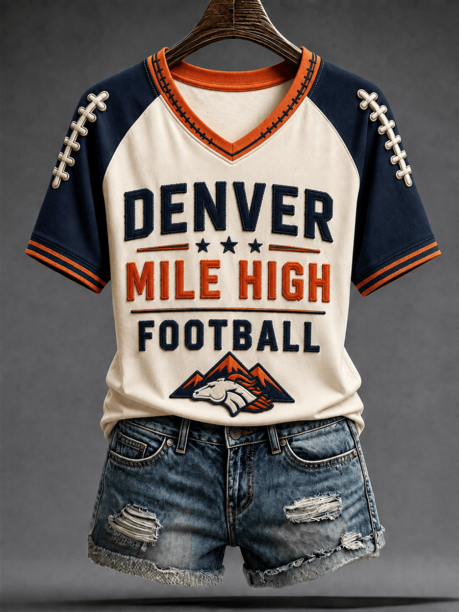 Denver Broncos Merch Denver Mile High Football V-Neck T-Shirt Game Day Apparel Fans Gifts