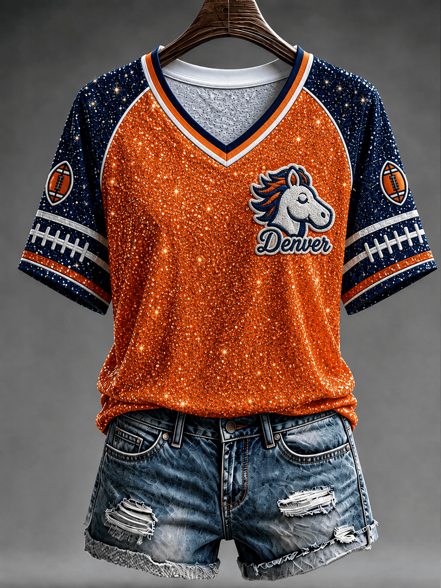 Denver Broncos Merch Football V-Neck T-Shirt Denver Game Day Tailgate Fan Gift Women Denver Broncos Merch Football V-Neck T-Shirt Denver Game Day Tailgate Fan Gift Women