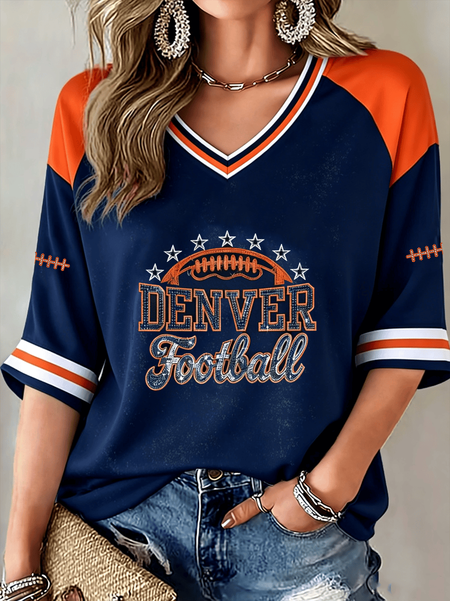 Denver Broncos Merch Game Day Denver Football Crop Sleeve V-Neck T-Shirt Football Fan Gifts Denver Broncos Merch Game Day Denver Football Crop Sleeve V-Neck T-Shirt Football Fan Gifts