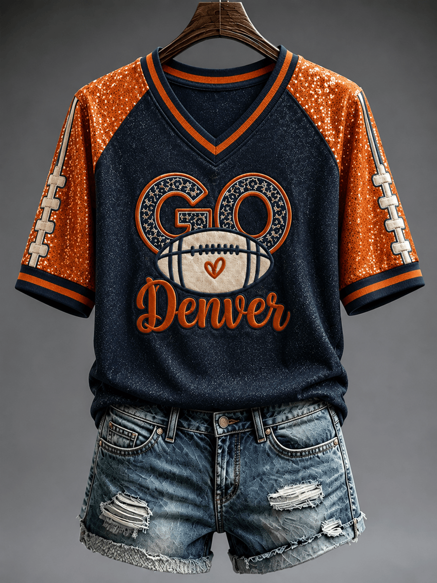 Denver Broncos Merch Go Denver Football V-Neck T-Shirt Game Day Tailgate Fan Gift