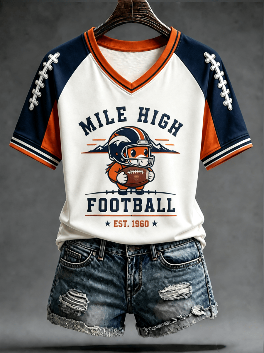 Denver Broncos Merch Mile High Denver Football V-Neck T-Shirt Broncos Country Game Day Apparel