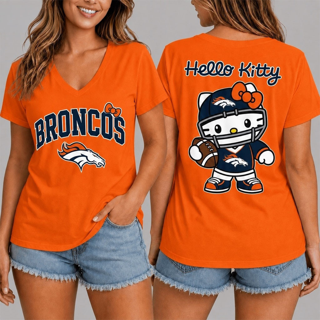 Denver Broncos X Hello Kitty V-Neck Shirt Denver Broncos Merch Best Gifts For Football Fans