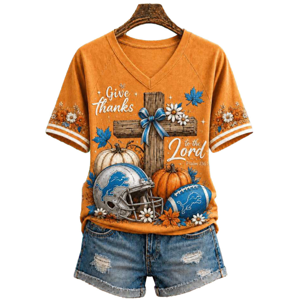 Detroit Football Cross Pumpkin Give Thanks To The Lord V-Neck Shirt Detroit Lions Merchandise
