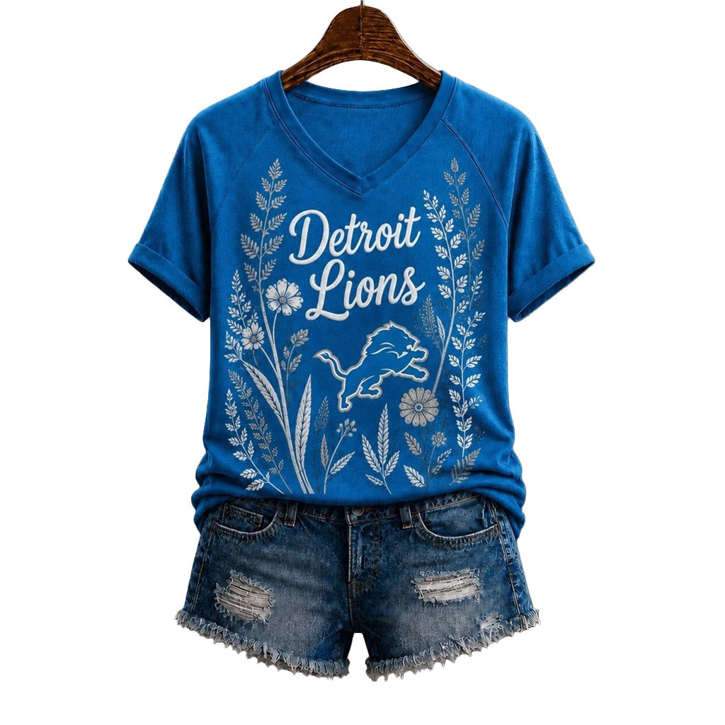 Detroit Lions Floral Garden V-Neck T-Shirt Lions Merch Gift Ideas For Football Lovers