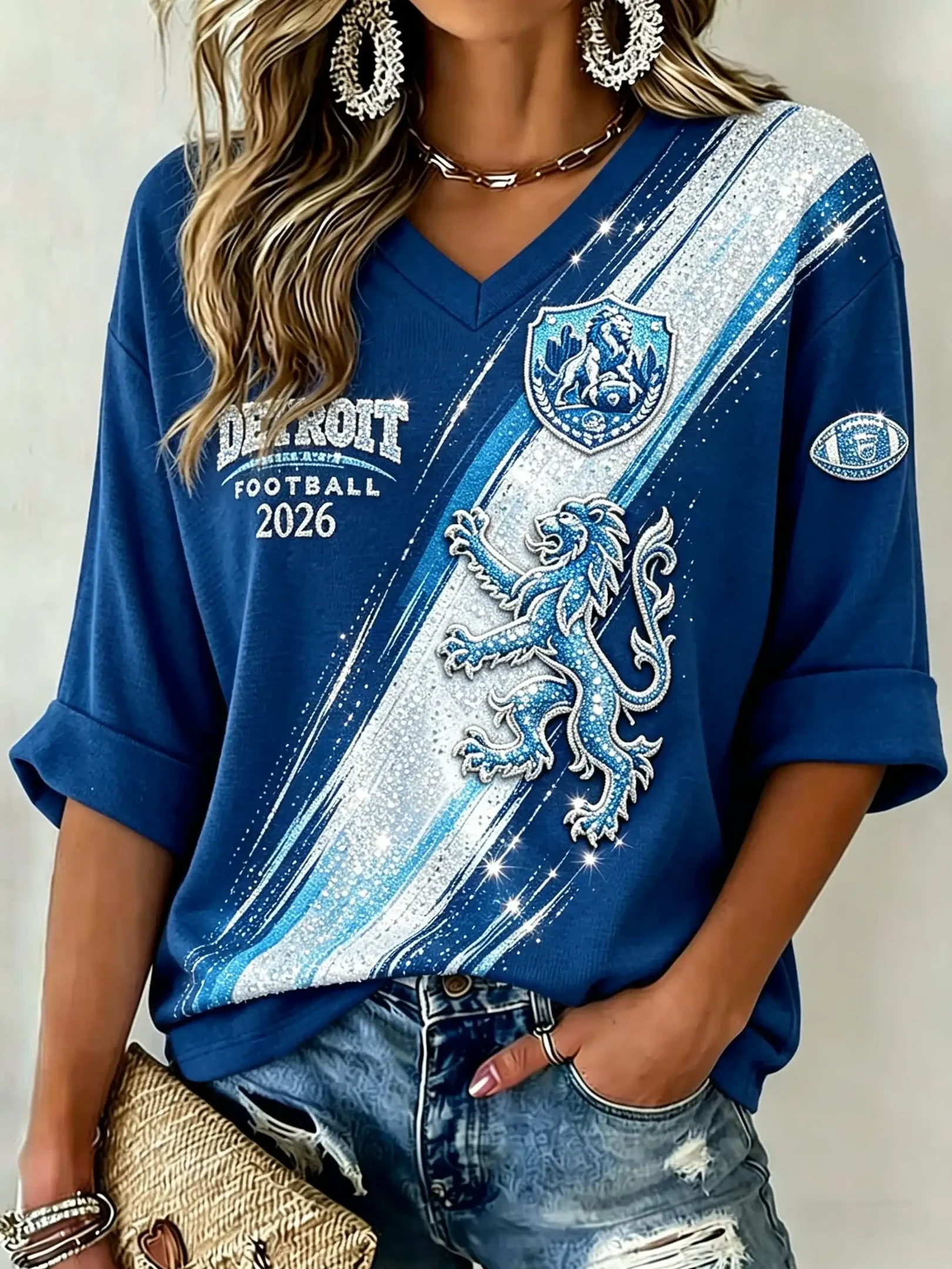 Detroit Lions Football V-Neck Long Sleeve Shirt Detroit Game Day Apparel Lions Merch Her Gifts