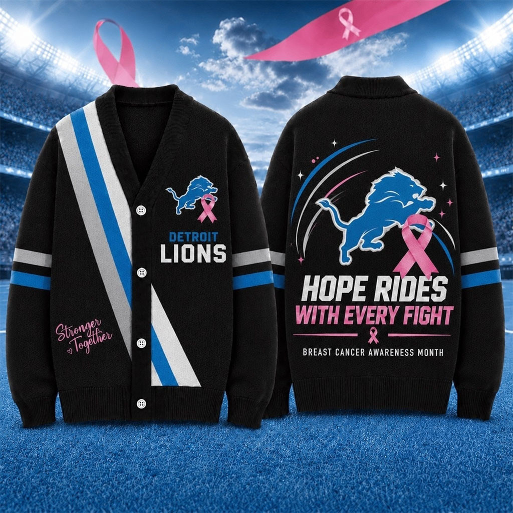 Detroit Lions Merch Breast Cancer Hope Rides With Every Fight CardiganSurvivor Gifts For Her