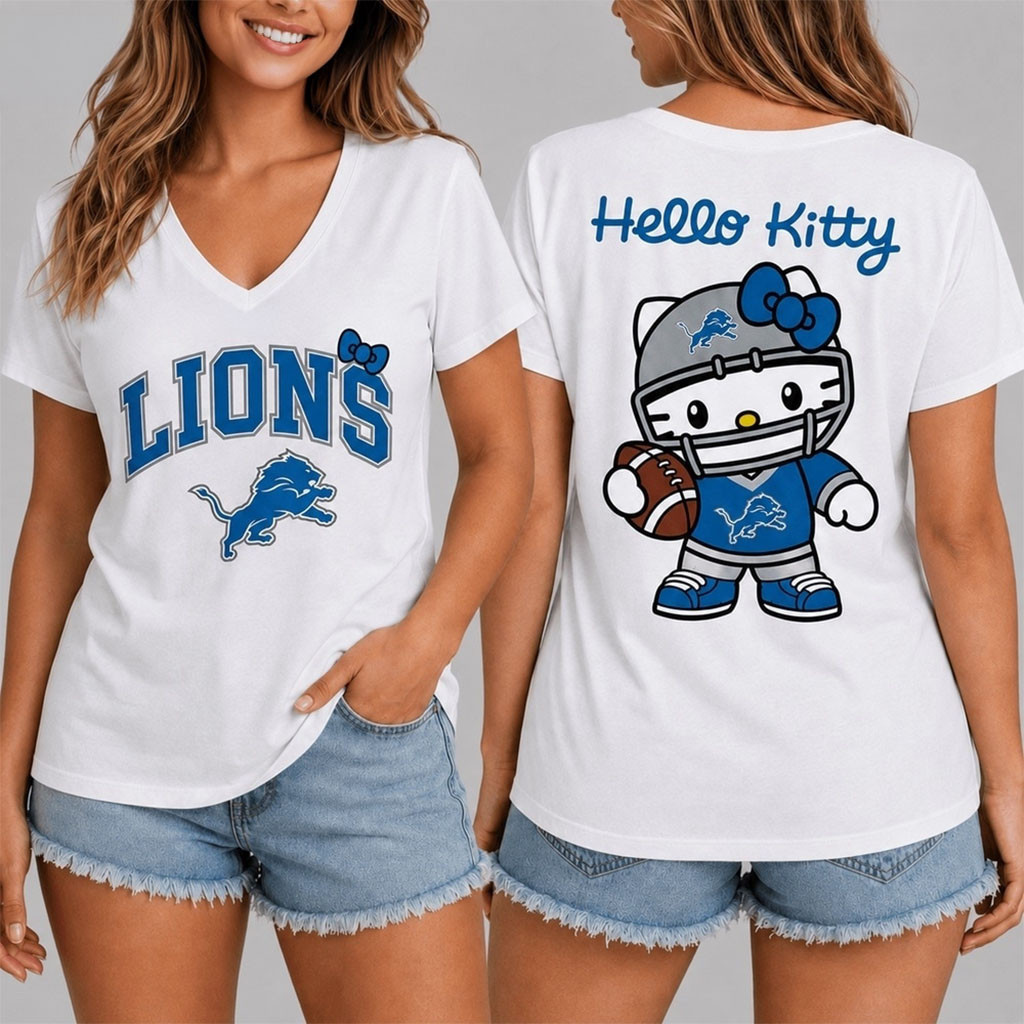 Detroit Lions X Hello Kitty V-Neck Shirt White Detroit Lions Merch American Football Gifts