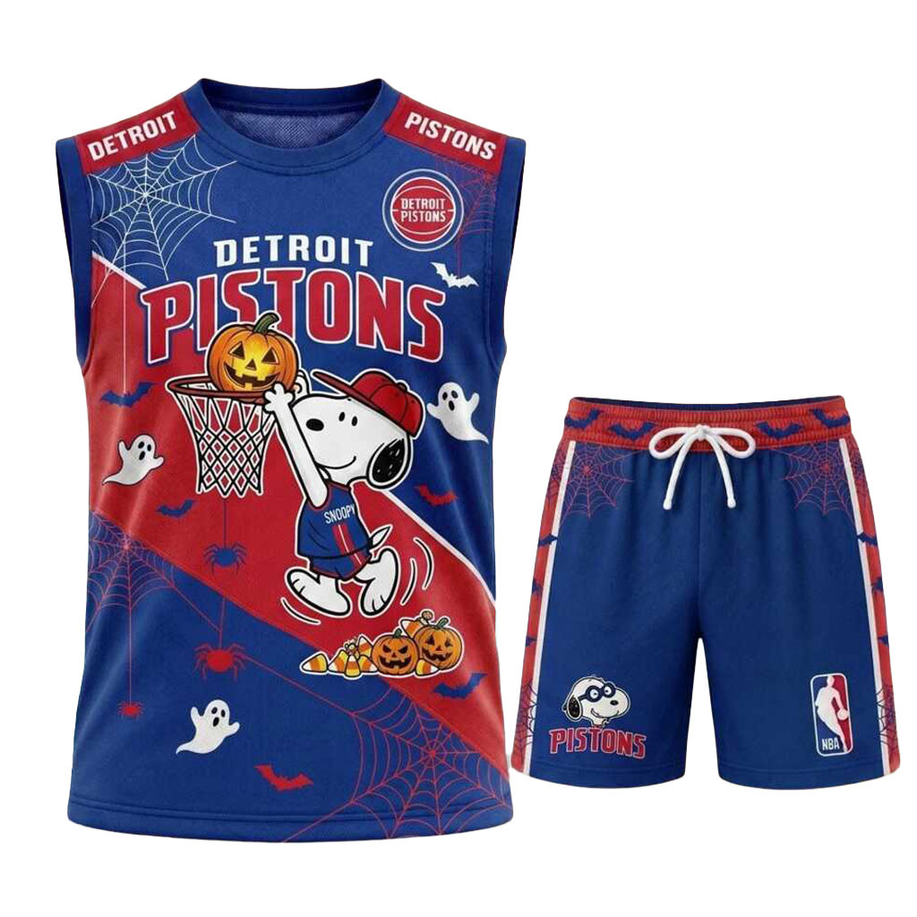 Detroit Pistons Snoopy Halloween Muscle Tank And Shorts Pistons Merch Basketball Apparel