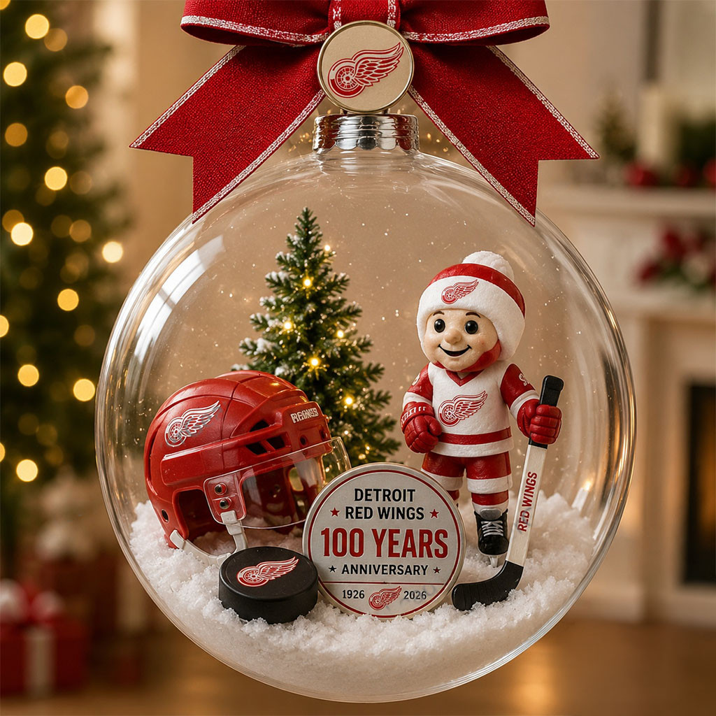 Detroit Red Wings 100 Years Anniversary 2026 Globe Ornament Red Wings Merch Xmas Tree Decor