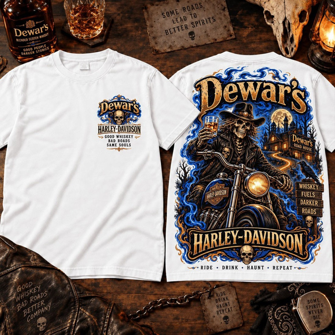 Dewar's X Harley Davidson Skeleton Whiskey Roadhouse Graphic T-Shirt Halloween Gift Ideas
