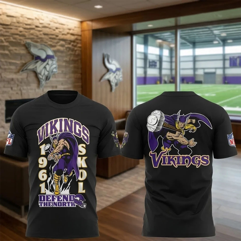 Disney x Minnesota Vikings Thor Mascot Black Shirt Vikings Merch Football Fan Gear