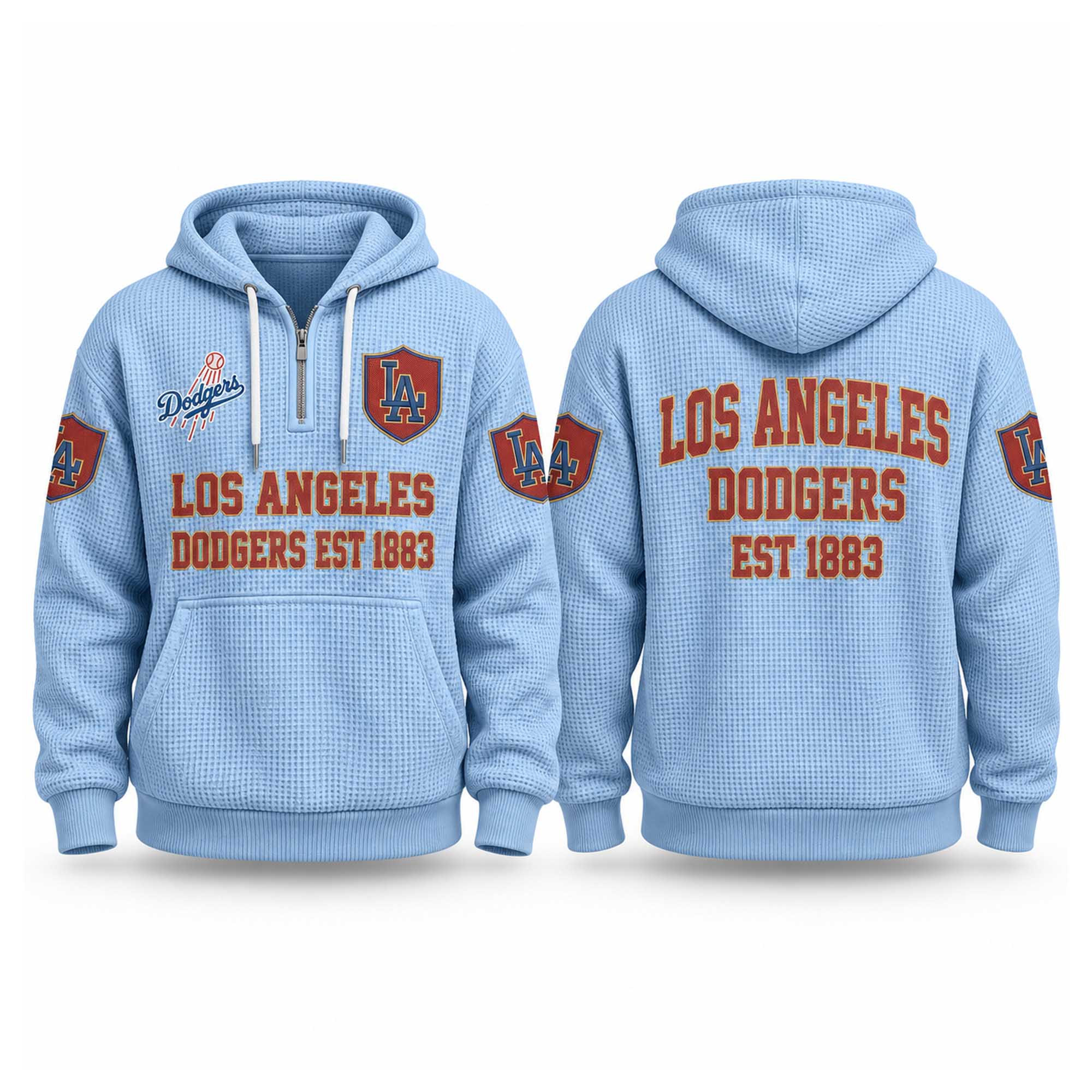Dodgers EST 1883 Quarter Zip Waffle Hoodie Los Angeles Dodgers Merch Gifts For Baseball Lovers Dodgers EST 1883 Quarter Zip Waffle Hoodie Los Angeles Dodgers Merch Gifts For Baseball Lovers