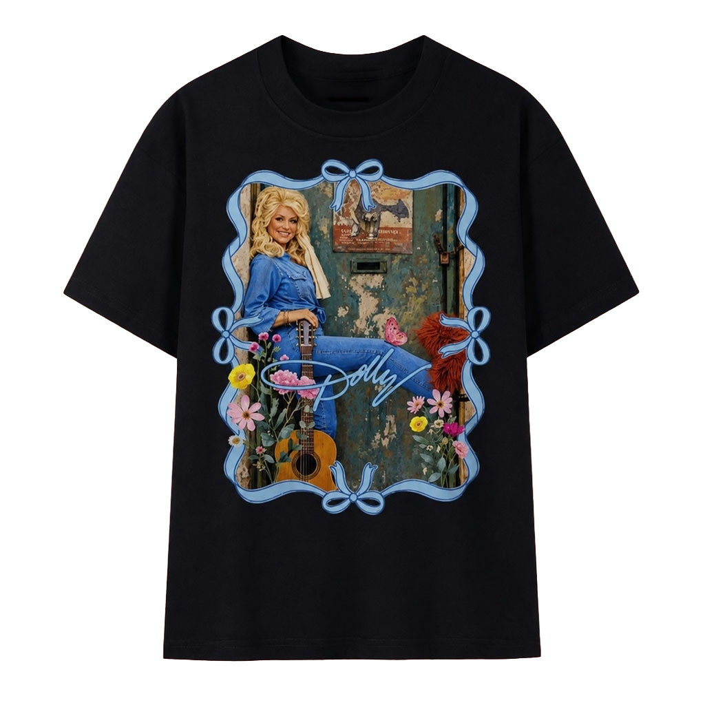 Dolly Parton Country Music Floral Ribbon Frame Vintage Graphic T -Shirt RIP Dolly Parton Merch