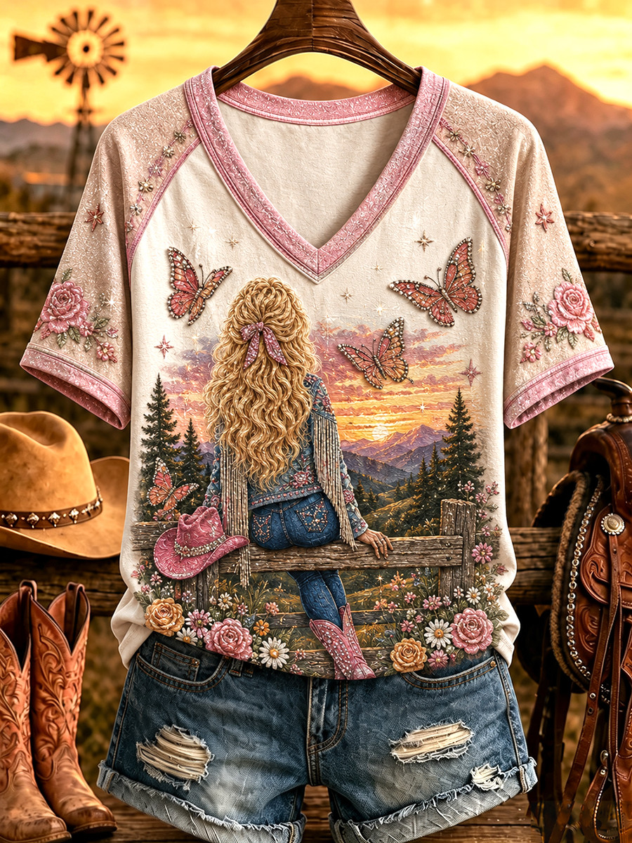 Dolly Parton Memorial Merch Country Music Legend Tribute Butterfly V-Neck Shirt Gift For Her
