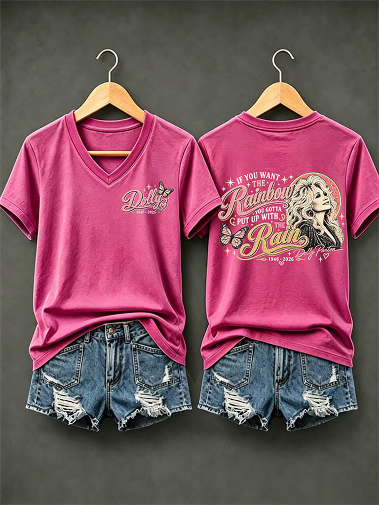 Dolly Parton Merch If You Want The Rainbow You Gotta Put Up With The Rain V-Neck Shirt Womens