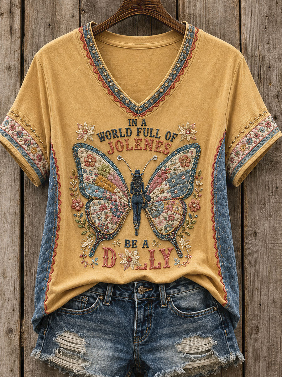 Dolly Parton Merch In A World Full Of Jolenes Be A Dolly Butterfly V-Neck Shirt RIP 1946 2026