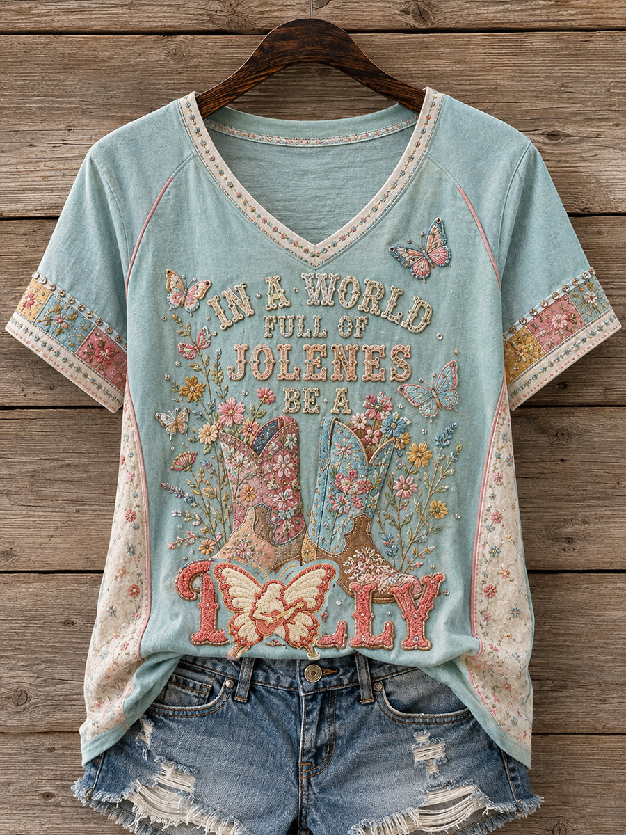 Dolly Parton Merch In A World Full Of Jolenes Be A Dolly V-Neck Shirt Floral Cowboy Boots Tee