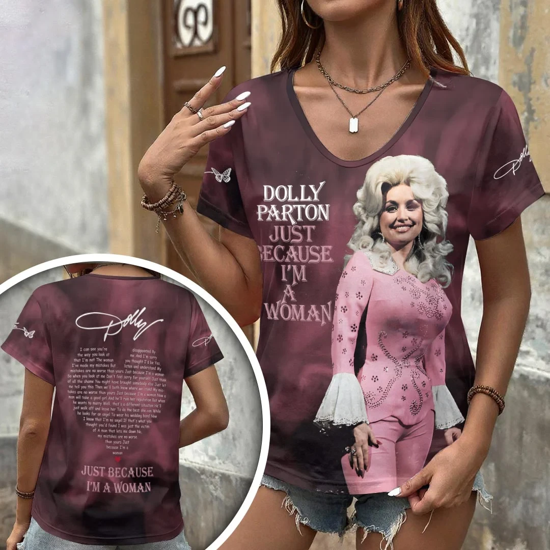 Dolly Parton Merch Just Because I'm A Women V-Neck Shirt Unique Gifts For Music Lovers