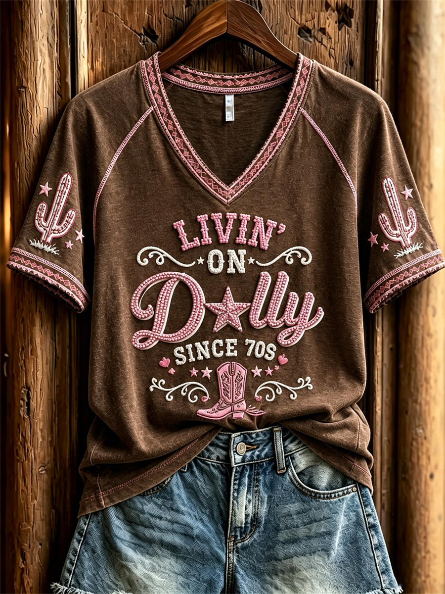 Dolly Parton Merch Livin' On Dolly Since 70s V-Neck Shirt RIP Dolly Parton Merchandise Gifts