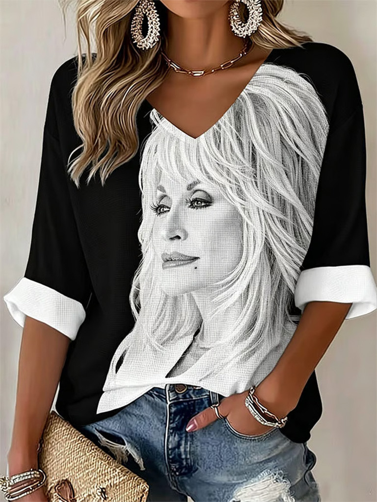 Dolly Parton Merch Remembrance Dolly Parton Portrait Long Sleeve V-Neck Shirt Memorial Gifts