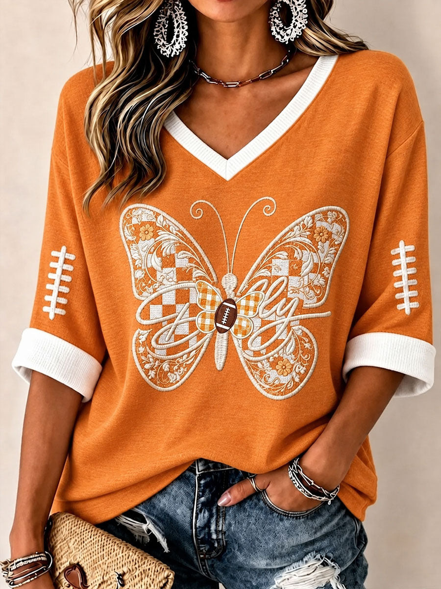 Dolly Parton Merch Tennessee Football Butterfly Long Sleeve V-Neck Shirt RIP Dolly Parton Merch