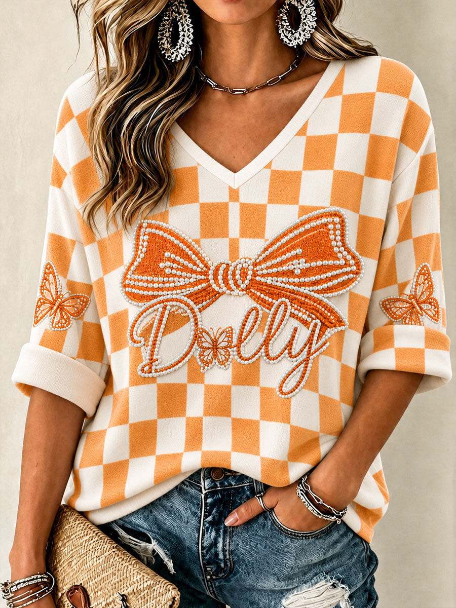 Dolly Parton Merch Tennessee Football Checkerboard Long Sleeve V-Neck Shirt Game Day Gifts Dolly Parton Merch Tennessee Football Checkerboard Long Sleeve V-Neck Shirt Game Day Gifts