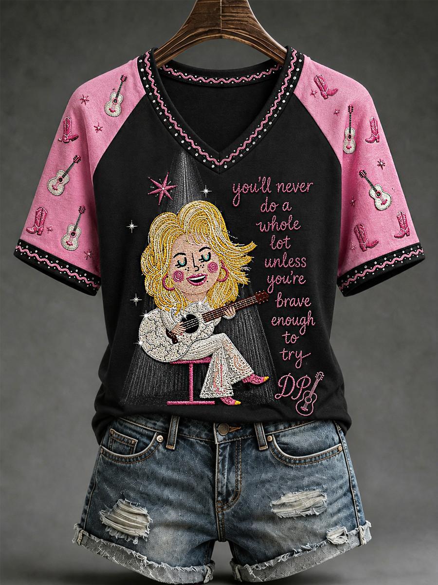 Dolly Parton Merch You'll Never Do A Whole Lot Unless You're Brave Enough To Try V-Neck Shirt Dolly Parton Merch You'll Never Do A Whole Lot Unless You're Brave Enough To Try V-Neck Shirt