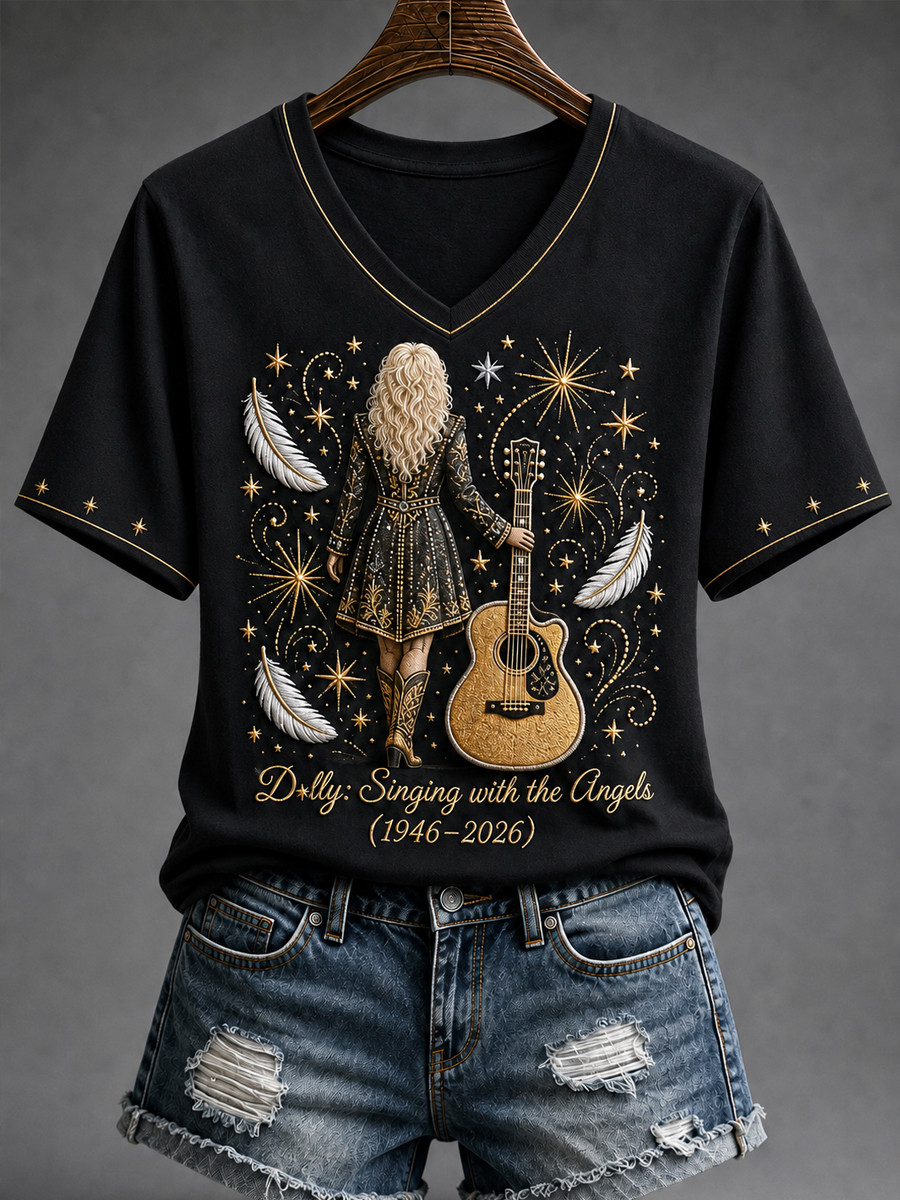 Dolly Parton Singing With The Angels V-Neck Shirt 1946 2026 RIP Dolly Parton Clothing For Fans
