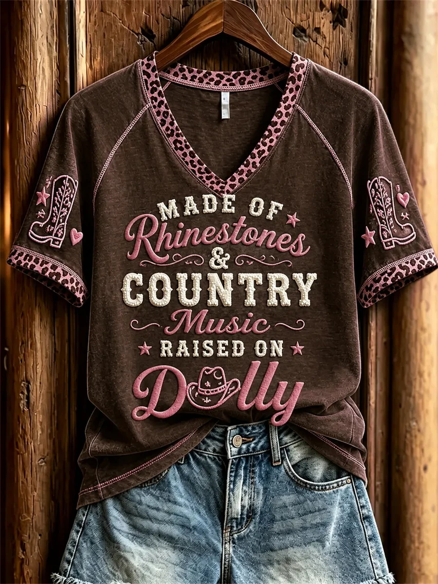 Dolly Parton V-Neck Shirt Made Of Rhinestones And Country Music Raise On Dolly Parton Merch