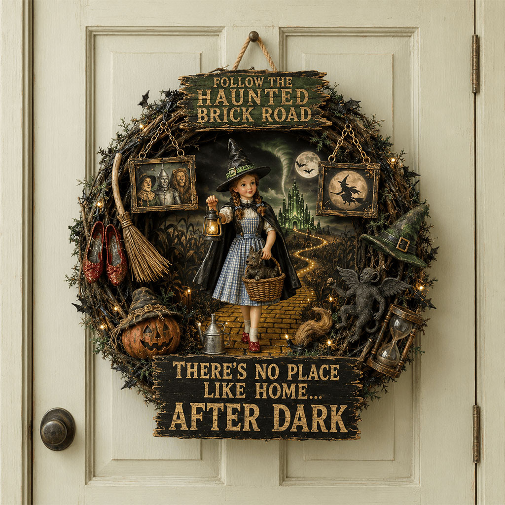 Dorothy The Wizard of Oz Halloween Door Sign Follow The Haunted Brick Road Wreath Home Decor