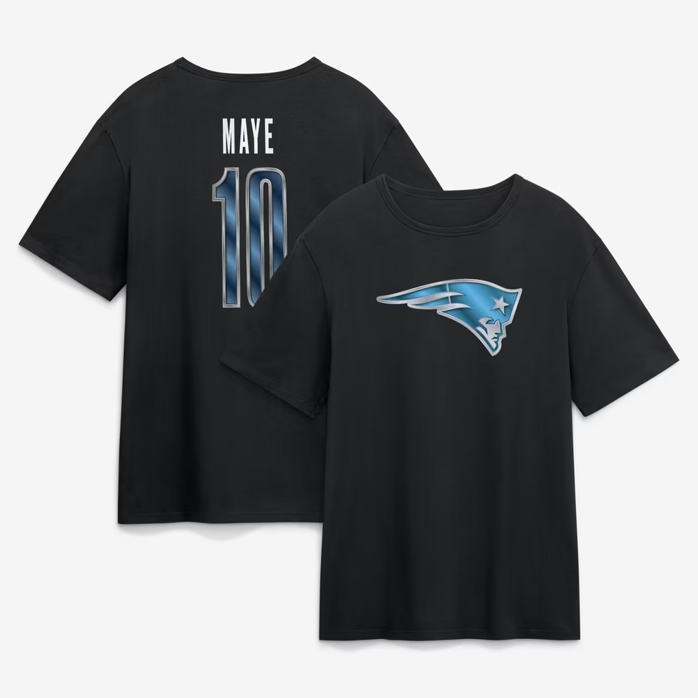 Drake Maye T-Shirt Black New England Patriots Merch #10 NE Patriots Metallic Mascot T-Shirt 2026 Drake Maye T-Shirt Black New England Patriots Merch #10 NE Patriots Metallic Mascot T-Shirt 2026