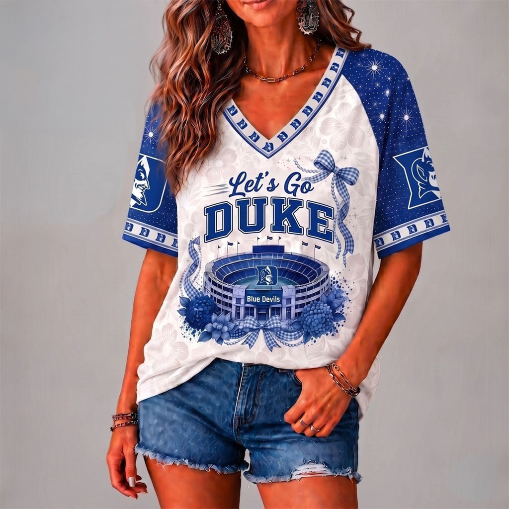 Duke Blue Devils Merch Floral Stadium Bow V-Neck Shirt Let's Go Duke Shirt Gift For Women