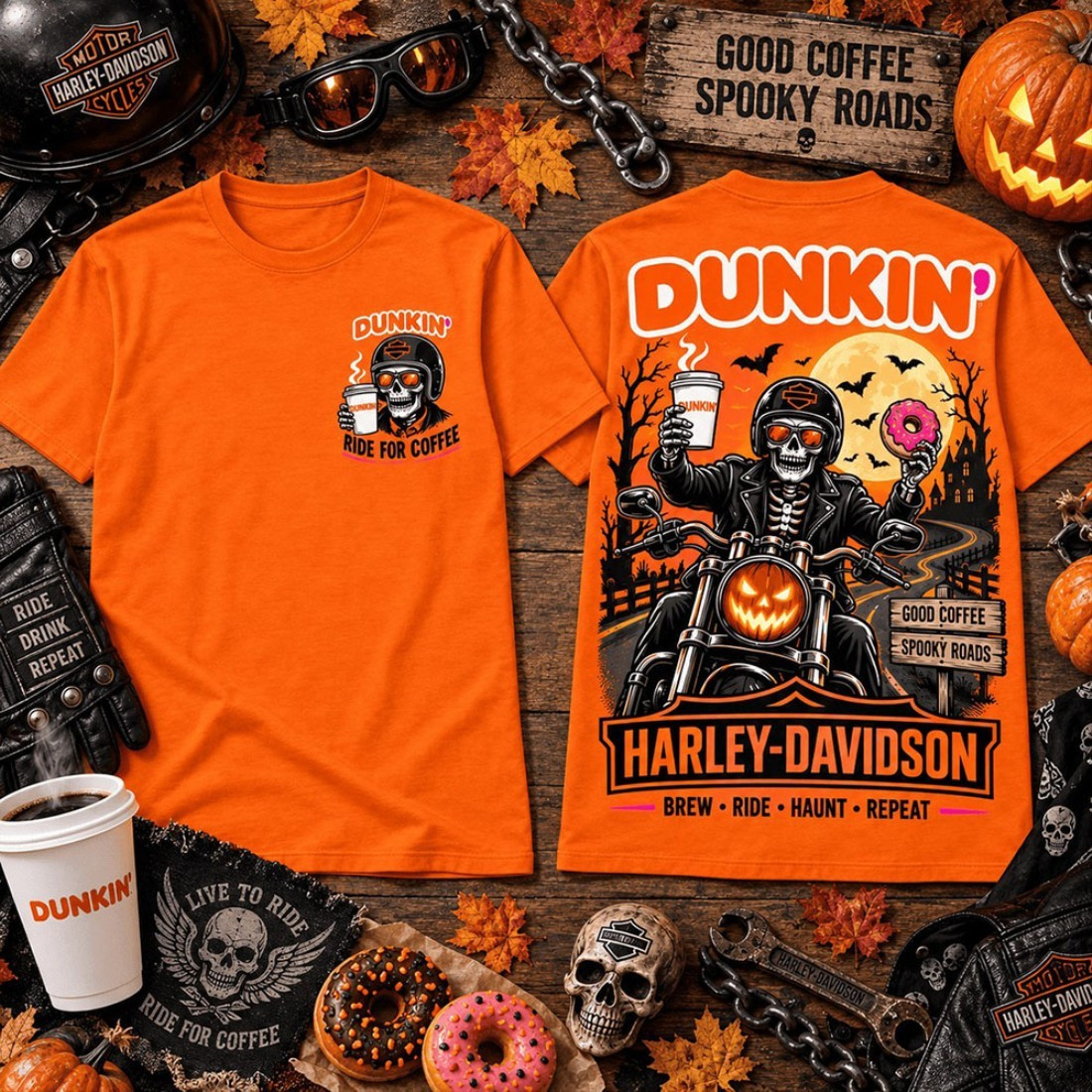 Dunkin Harley Davidson Coffee Biker Halloween Graphic T-Shirt Brew Ride Haunt Repeat Shirt