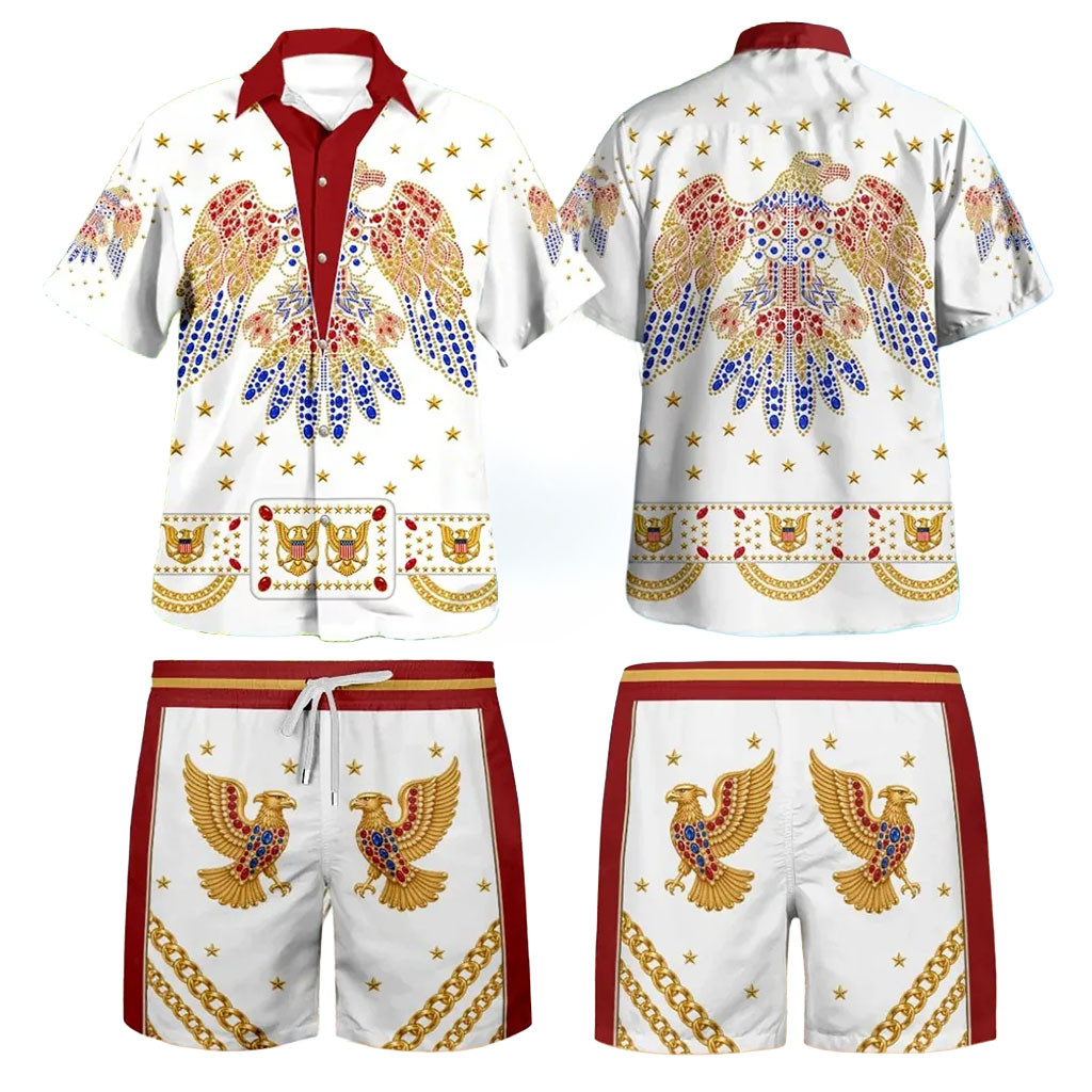 Elvis Presley Gold Eagle Hawaiian Shirt And Shorts Set Elvis Presley Merch Gift For Music Lover