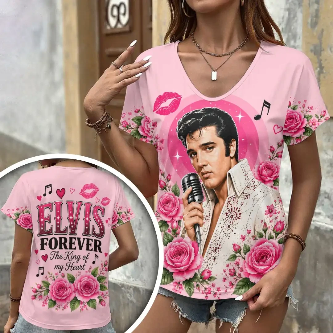 Elvis Presley Merch Elvis Forever The King Of My Heart V-Neck Shirt Music Lover Gift For Her