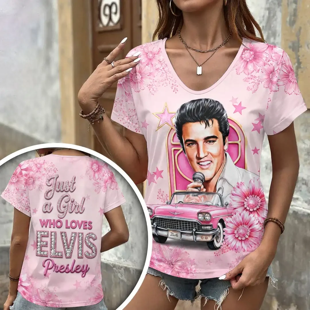 Elvis Presley Merch Just A Girl Who Loves Elvis Presley V-Neck Shirt Women's Gift For Music Fan