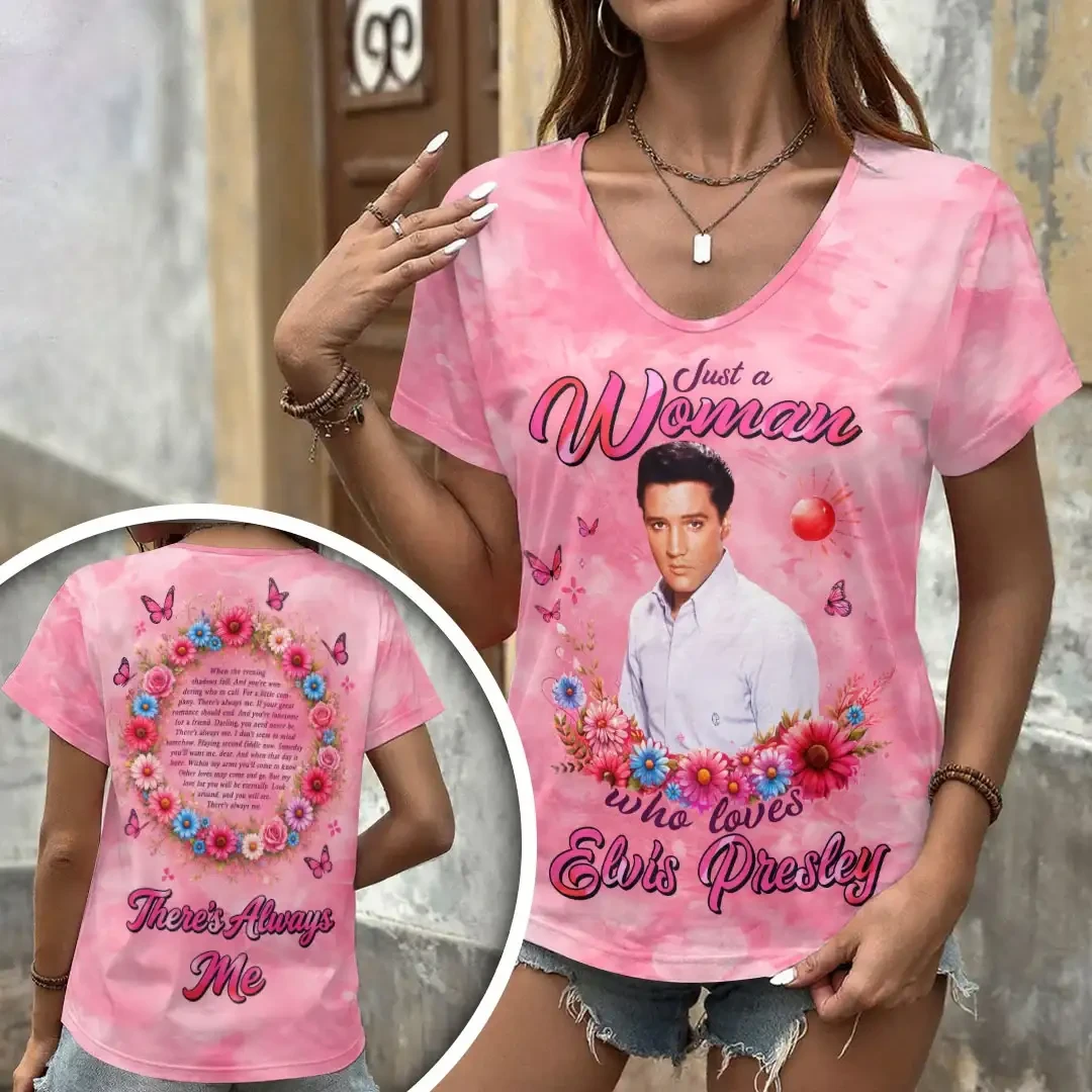 Elvis Presley Merch Just A Woman Who Loves Elvis Presley V-Neck Shirt Music Gift For Her