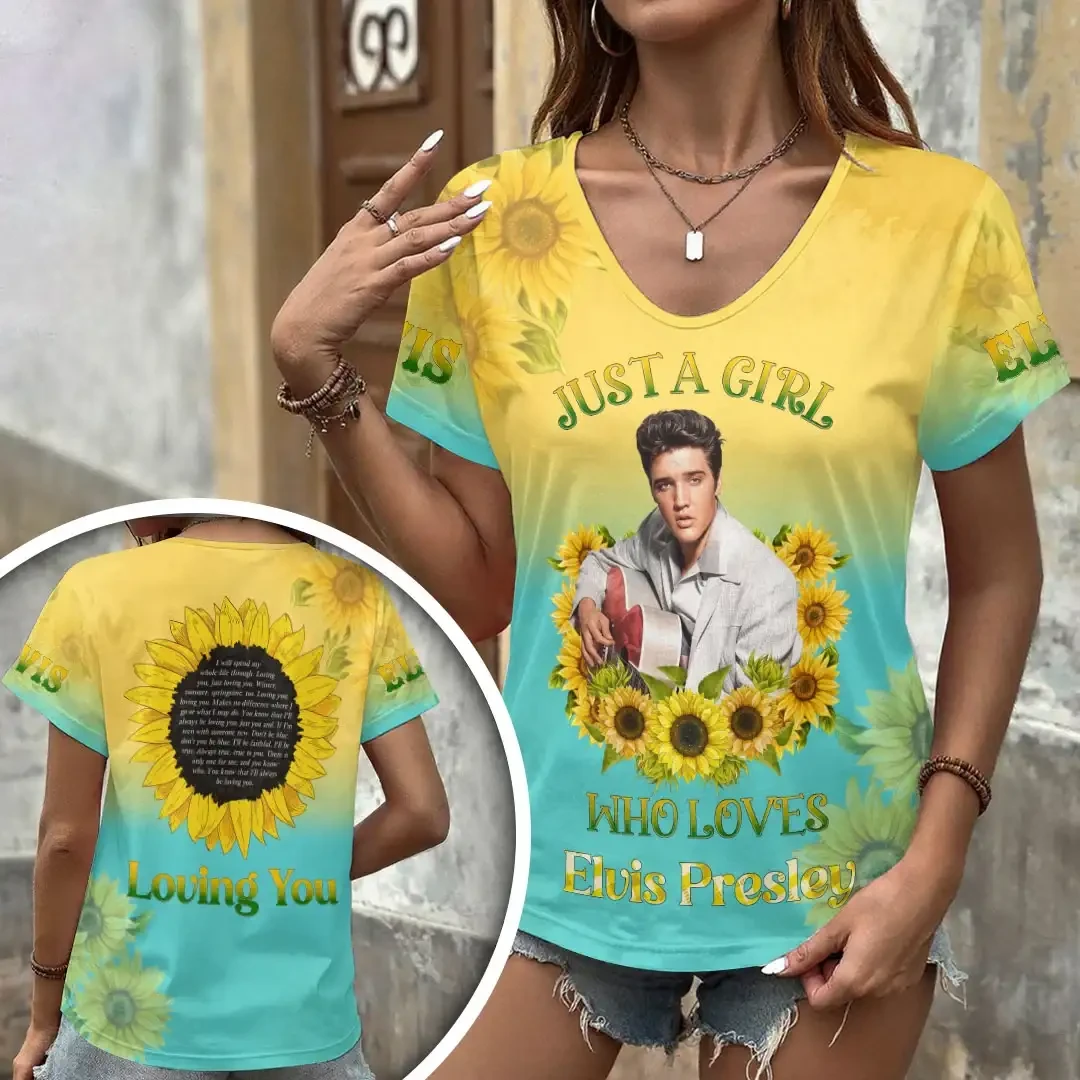Elvis Presley Merch Just A Woman Who Loves Elvis Presley V-Neck T-Shirt Rock Fans Gifts